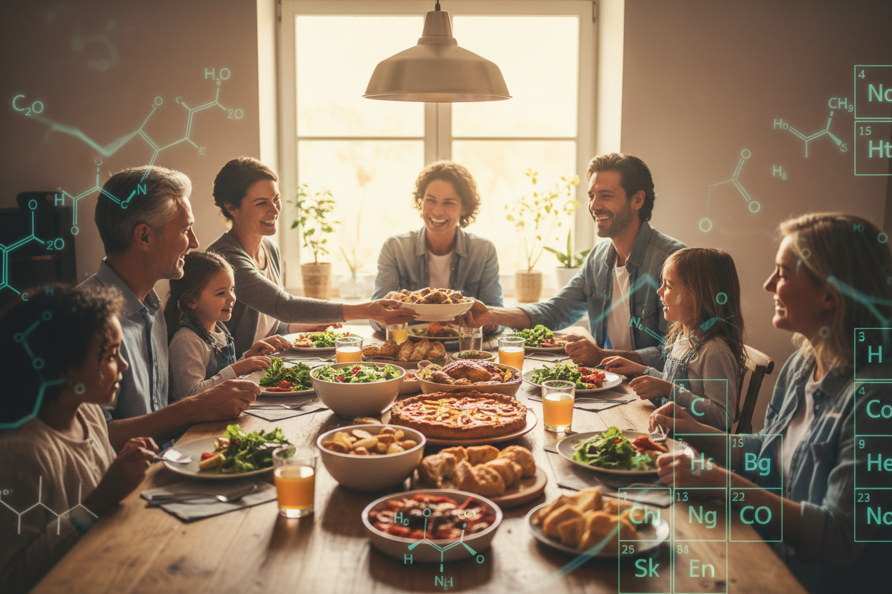Happy adults and children eating homemade food with science overlay